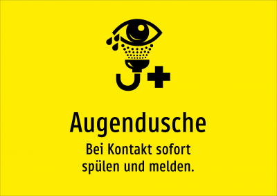 Augendusche - Bei Kontakt sofort spülen und melden.