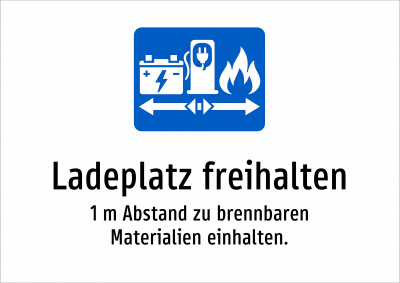 Ladeplatz freihalten - 1 m Abstand zu brennbaren Materialien einhalten.