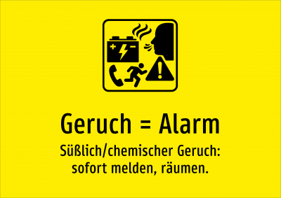 Geruch = Alarm - Süßlich/chemischer Geruch: sofort melden, räumen.