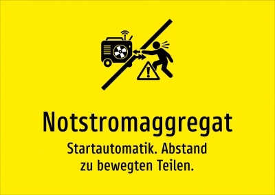 Notstromaggregat - Startautomatik. Abstand zu bewegten Teilen.
