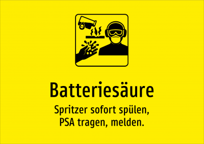 Batteriesäure - Spritzer sofort spülen, PSA tragen, melden.