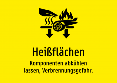 Heißflächen - Komponenten abkühlen lassen, Verbrennungsgefahr.