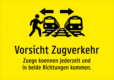 Vorsicht Zugverkehr - Zuege koennen jederzeit und in beide Richtungen kommen.