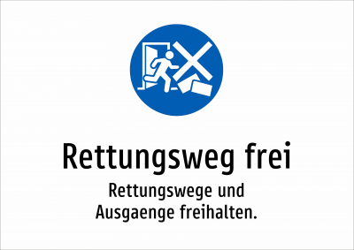Rettungsweg frei - Rettungswege und Ausgaenge freihalten.