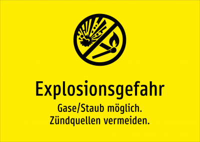 Explosionsgefahr - Gase/Staub möglich. Zündquellen vermeiden.