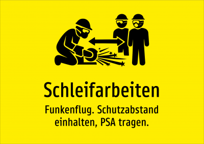 Schleifarbeiten - Funkenflug. Schutzabstand einhalten, PSA tragen.
