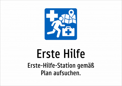 Erste Hilfe - Erste-Hilfe-Station gemäß Plan aufsuchen.