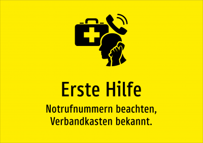 Erste Hilfe - Notrufnummern beachten, Verbandkasten bekannt.