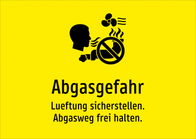 Abgasgefahr - Lueftung sicherstellen. Abgasweg frei halten.