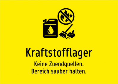 Kraftstofflager - Keine Zuendquellen. Bereich sauber halten.