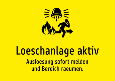 Loeschanlage aktiv - Ausloesung sofort melden und Bereich raeumen.