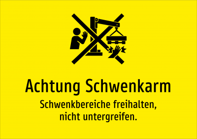 Achtung Schwenkarm - Schwenkbereiche freihalten, nicht untergreifen.