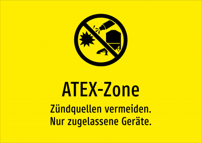 ATEX-Zone - Zündquellen vermeiden. Nur zugelassene Geräte.