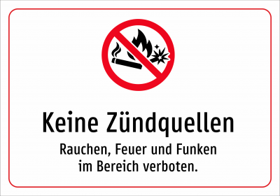 Keine Zündquellen - Rauchen, Feuer und Funken im Bereich verboten.
