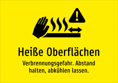 Heiße Oberflächen - Verbrennungsgefahr. Abstand halten, abkühlen lassen.