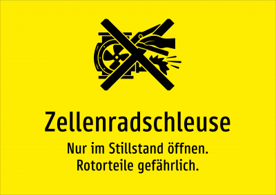 Zellenradschleuse - Nur im Stillstand öffnen. Rotorteile gefährlich.