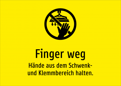 Finger weg - Hände aus dem Schwenk- und Klemmbereich halten.