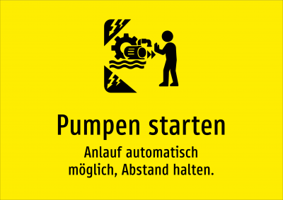 Pumpen starten - Anlauf automatisch möglich, Abstand halten.