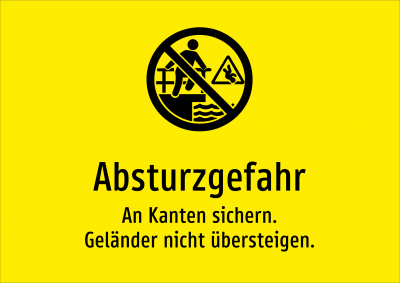 Absturzgefahr - An Kanten sichern. Geländer nicht übersteigen.