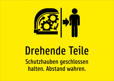 Drehende Teile - Schutzhauben geschlossen halten. Abstand wahren.