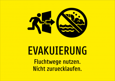 EVAKUIERUNG - Fluchtwege nutzen. Nicht zuruecklaufen.
