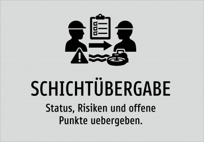 SCHICHTÜBERGABE - Status, Risiken und offene Punkte uebergeben.