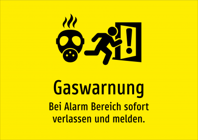 Gaswarnung - Bei Alarm Bereich sofort verlassen und melden.