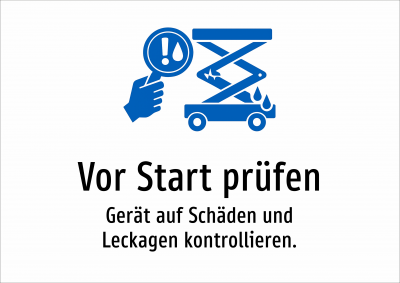 Vor Start prüfen - Gerät auf Schäden und Leckagen kontrollieren.