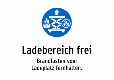 Ladebereich frei - Brandlasten vom Ladeplatz fernhalten.