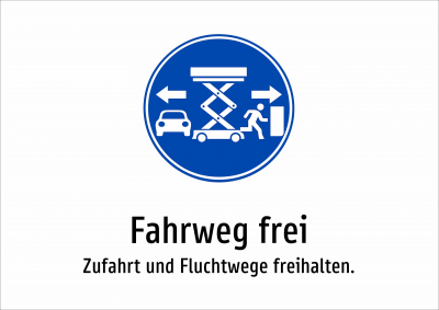 Fahrweg frei - Zufahrt und Fluchtwege freihalten.