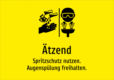 Ätzend - Spritzschutz nutzen. Augenspülung freihalten.