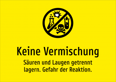 Keine Vermischung - Säuren und Laugen getrennt lagern. Gefahr der Reaktion.