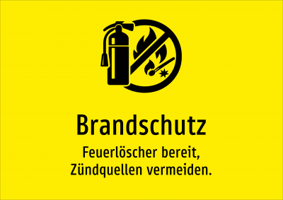 Brandschutz - Feuerlöscher bereit, Zündquellen vermeiden.