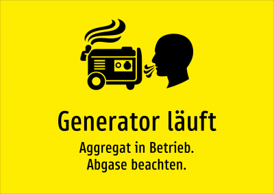 Generator läuft - Aggregat in Betrieb. Abgase beachten.