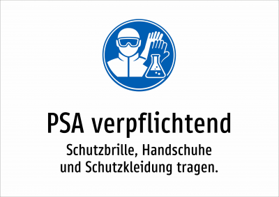 PSA verpflichtend - Schutzbrille, Handschuhe und Schutzkleidung tragen.