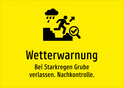 Wetterwarnung - Bei Starkregen Grube verlassen. Nachkontrolle.
