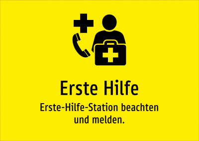 Erste Hilfe - Erste-Hilfe-Station beachten und melden.