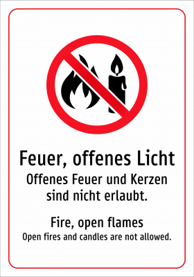 Feuer, offenes Licht - Offenes Feuer und Kerzen sind nicht erlaubt.