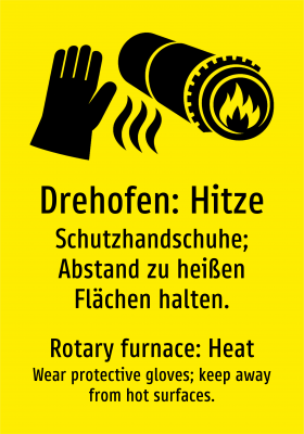 Drehofen: Hitze - Schutzhandschuhe; Abstand zu heißen Flächen halten.
