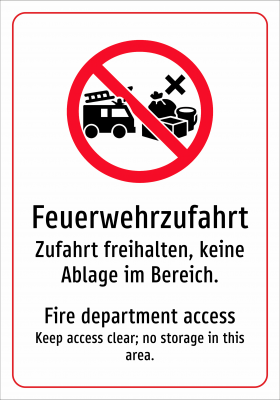 Feuerwehrzufahrt - Zufahrt freihalten, keine Ablage im Bereich.