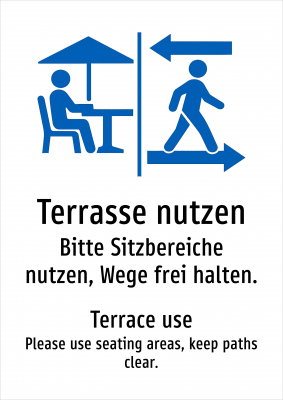 Terrasse nutzen - Bitte Sitzbereiche nutzen, Wege frei halten.