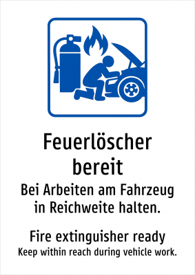 Feuerlöscher bereit - Bei Arbeiten am Fahrzeug in Reichweite halten.