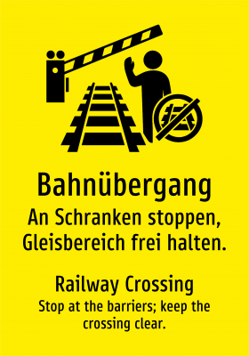 Bahnübergang - An Schranken stoppen, Gleisbereich frei halten.