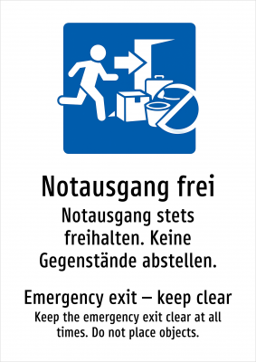 Notausgang frei - Notausgang stets freihalten. Keine Gegenstände abstellen.