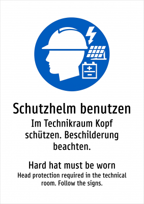 Schutzhelm benutzen - Im Technikraum Kopf schützen. Beschilderung beachten.