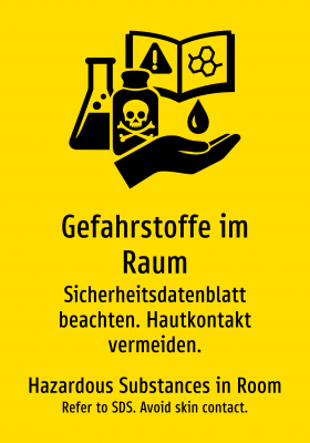 Gefahrstoffe im Raum - Sicherheitsdatenblatt beachten. Hautkontakt vermeiden.