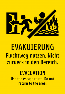 EVAKUIERUNG - Fluchtweg nutzen. Nicht zurueck in den Bereich.