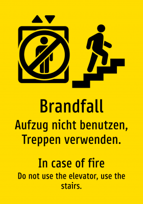 Brandfall - Aufzug nicht benutzen, Treppen verwenden.