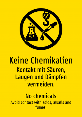 Keine Chemikalien - Kontakt mit Säuren, Laugen und Dämpfen vermeiden.