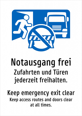 Notausgang frei - Zufahrten und Türen jederzeit freihalten.